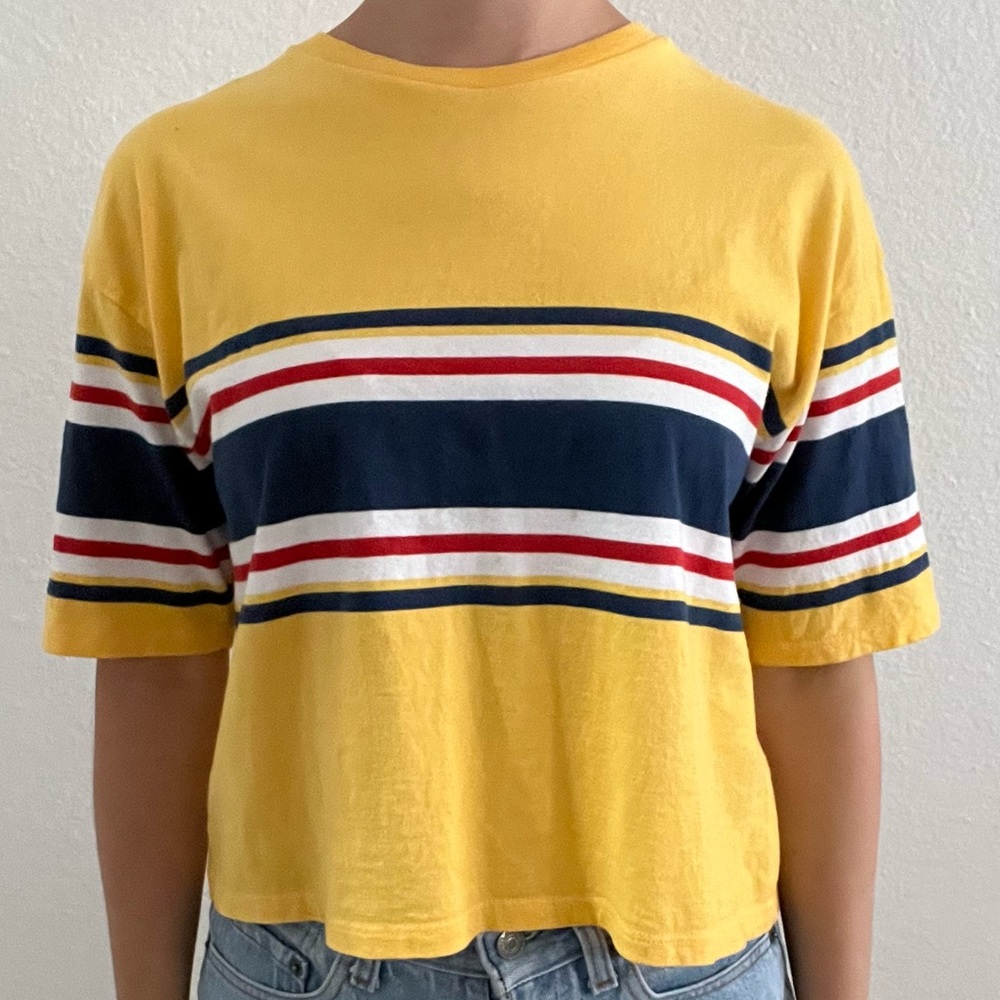 Urban Outfitters yellow striped cropped t-shirt.
